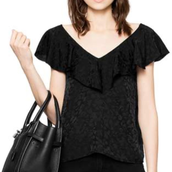 Zadig & Voltaire Tee Blouse Jac Leo Silk V neck Flounce sleeve Flowy Black XS/S - Picture 3 of 14